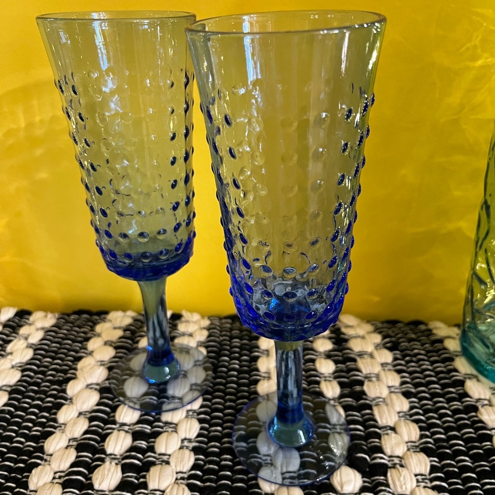 Vintage Tall Stemmed Wine Glasses Water Goblets Set of 2 - Bright Blue -…
